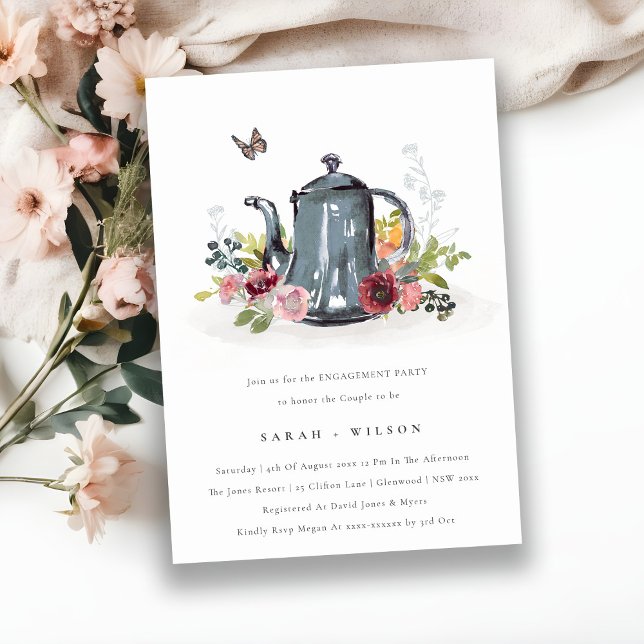 Cute Leafy Rose Floral Teapot Engagement Invite (Creator Uploaded)