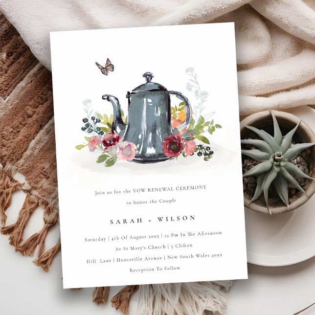 Cute Leafy Rose Floral Teapot Vow Renewal Invite (Creator Uploaded)