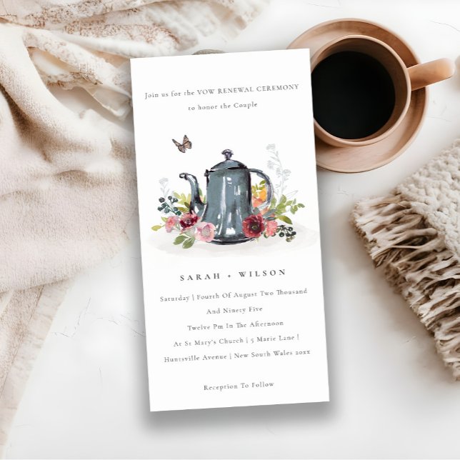 Cute Leafy Rose Floral Teapot Vow Renewal Invite (Creator Uploaded)
