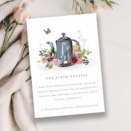 Cute Leafy Rose Floral Teapot Wedding Details Enclosure Card