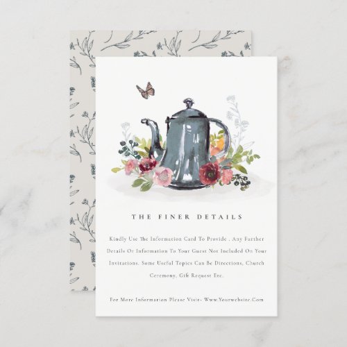 Cute Leafy Rose Floral Teapot Wedding Details Enclosure Card