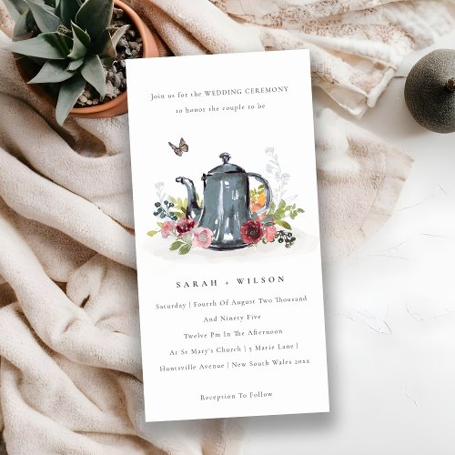 Cute Leafy Rose Floral Teapot Wedding Invite