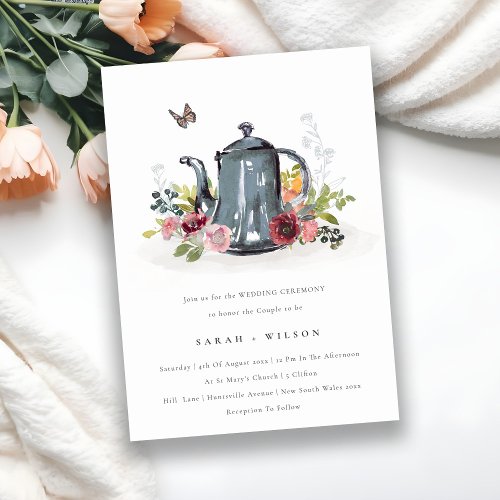 Cute Leafy Rose Floral Teapot Wedding Invite