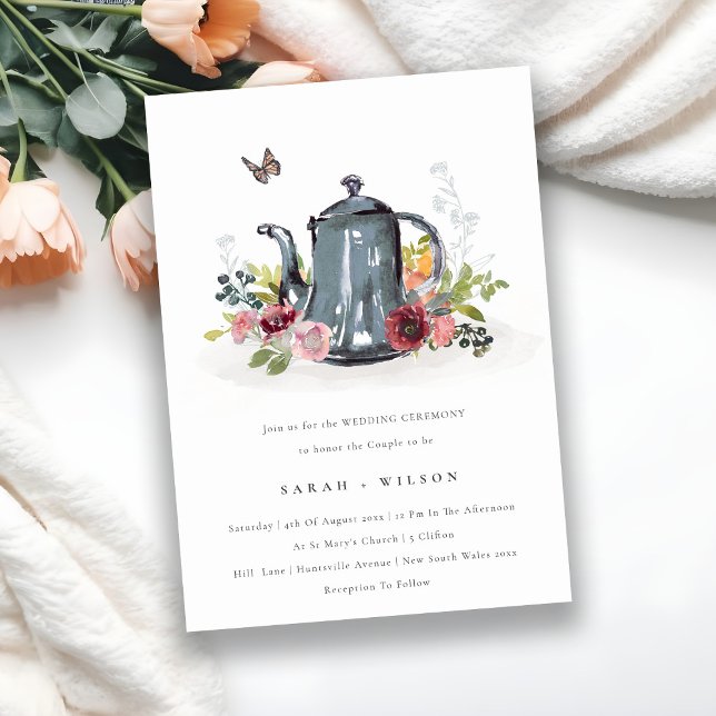 Cute Leafy Rose Floral Teapot Wedding Invite (Creator Uploaded)