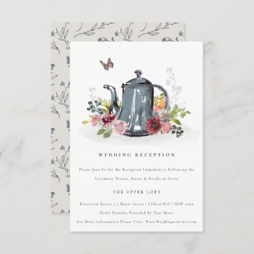 Cute Leafy Rose Floral Teapot Wedding Reception Enclosure Card