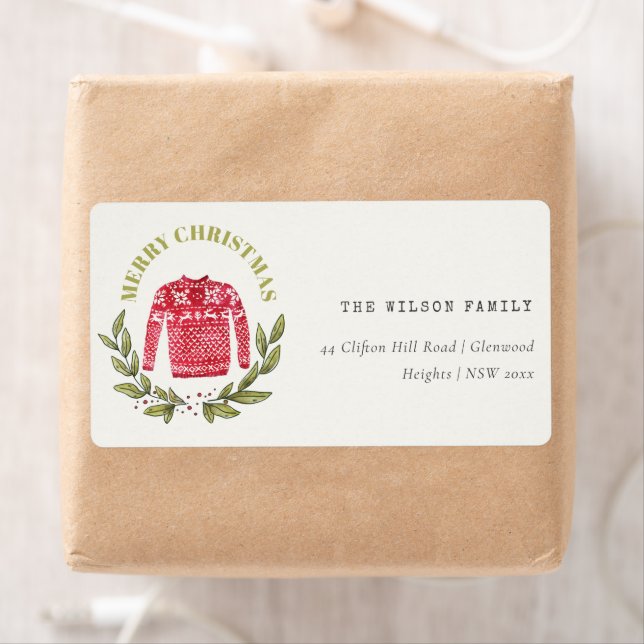 Cute  Leafy Winter Ugly Sweater Christmas Address Label (Insitu)