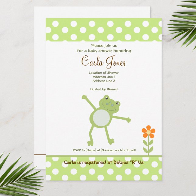 Cute Leapfrog Baby Shower Green Dot Orange Flower Invitation (Leap Frog Baby Shower Invitations)