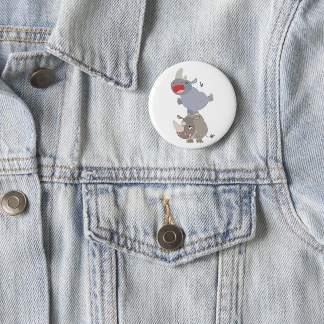 Cute Leapfrog Cartoon Rhinos Pinback Button (In Situ)
