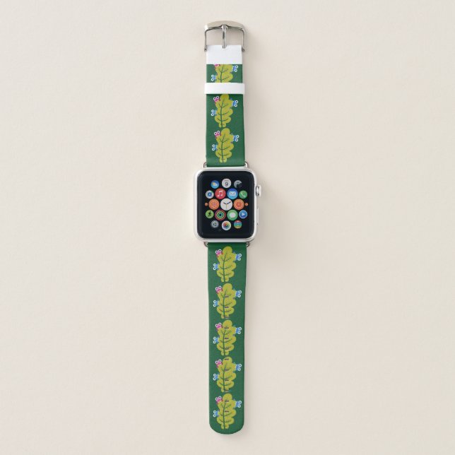 Cute Leaves Pattern With Cartoon Bugs Green Apple Watch Band (Front)
