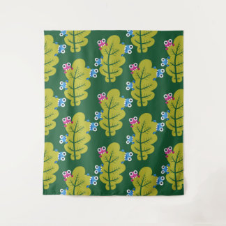 Cute Leaves Pattern With Cartoon Bugs Green Tapestry