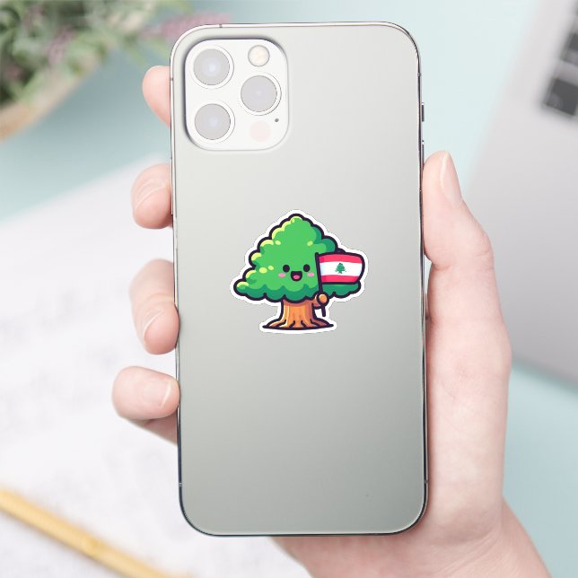 Cute Lebanese Cedar Tree Holding Flag Lebanon  Sticker (Phone)