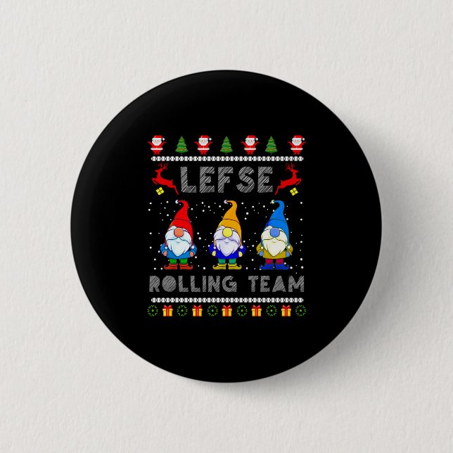 Cute Lefse Rolling Team Norwegian Gnomes Ugly Xmas Button (Front)