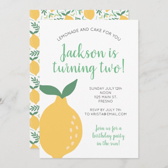 Cute Lemon 2nd Birthday Turning Two Invitation (Front/Back)