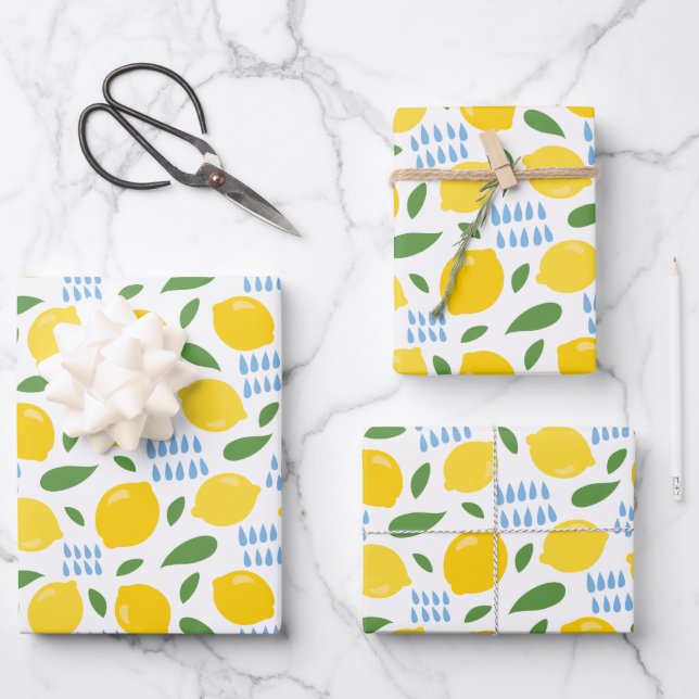 Cute lemon and green leaves pattern wrapping paper sheets (Front)