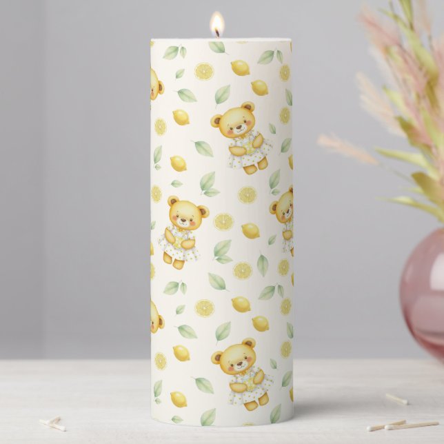 Cute Lemon Bear and Lemonade Seamless Pattern Pillar Candle (In Situ)
