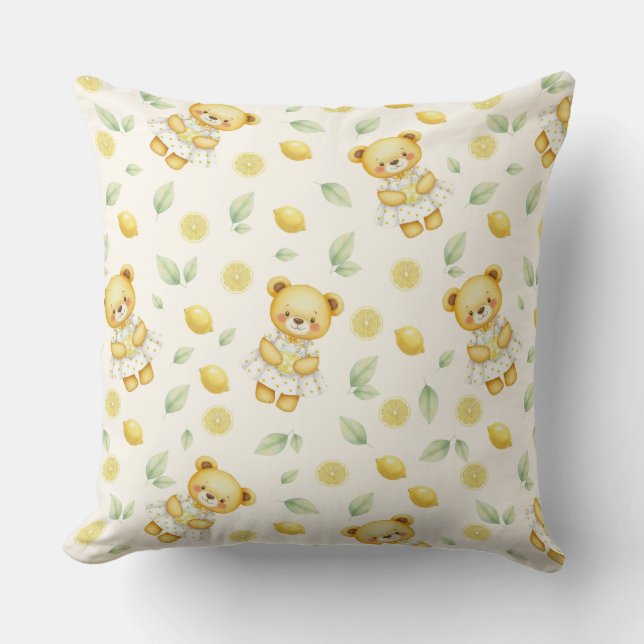 Cute Lemon Bear and Lemonade Seamless Pattern Throw Pillow (Front)