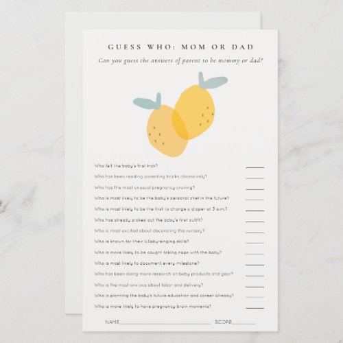 Cute Lemon Citrus Baby Shower Guess Who Mom or Dad