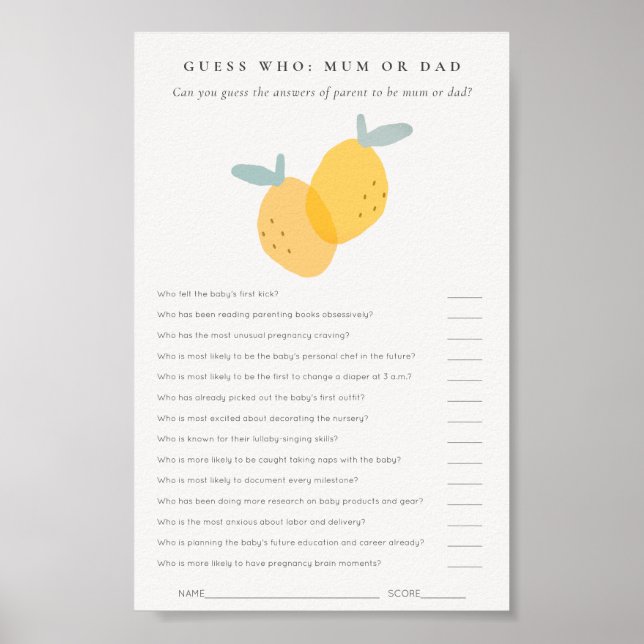 Cute Lemon Citrus Baby Shower Guess Who Mom or Dad Poster (Front)