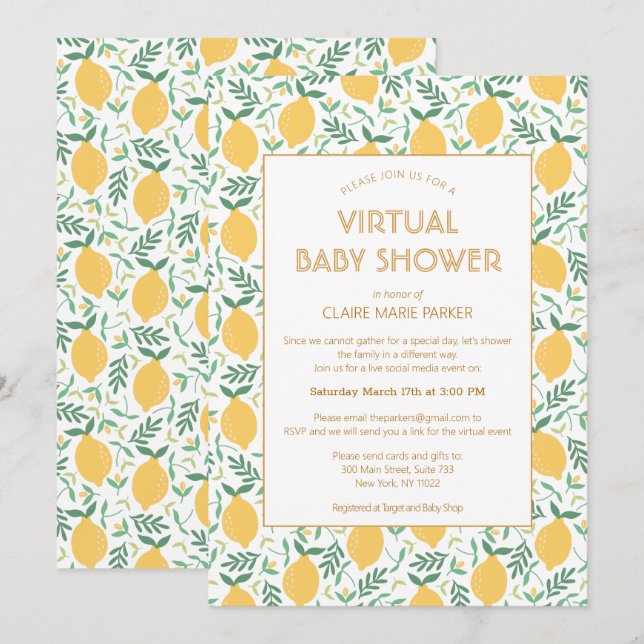 Cute Lemon Citrus Foliage Virtual Baby Shower Invitation (Front/Back)