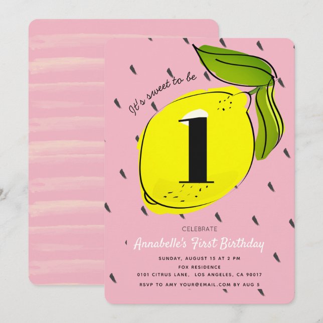 Cute Lemon Citrus Pink Birthday Party Invitation (Front/Back)