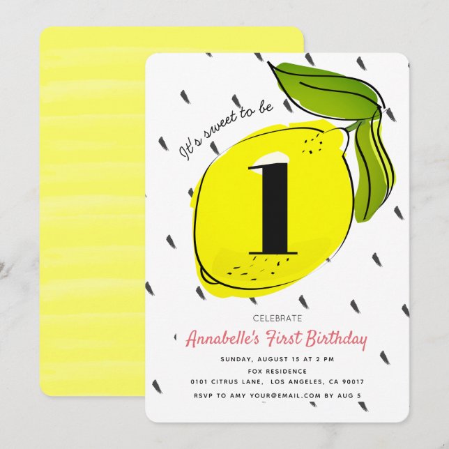 Cute Lemon Citrus White Birthday Party Invitation (Front/Back)