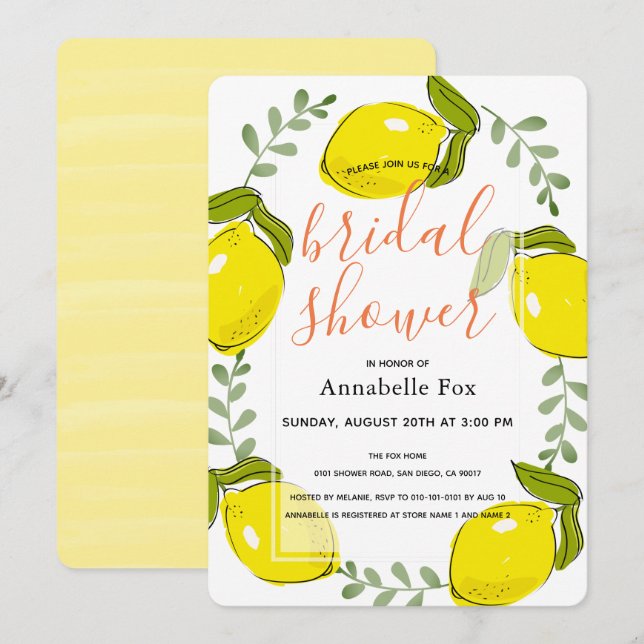 Cute Lemon Citrus White Bridal Shower Invitation (Front/Back)