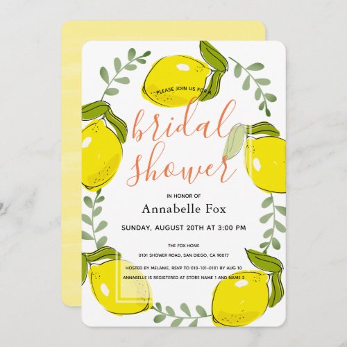 Cute Lemon Citrus White Bridal Shower Invitation