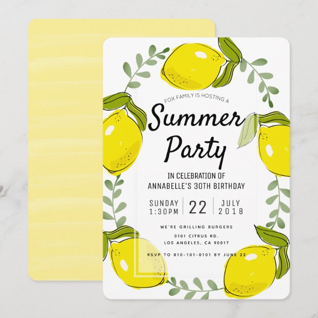 Cute Lemon Citrus White Summer Party Invitation (Front/Back)