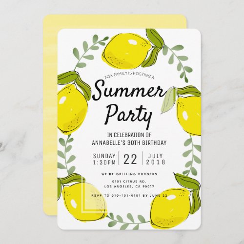 Cute Lemon Citrus White Summer Party Invitation