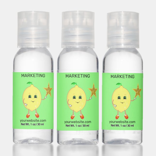 Cute lemon, editable text & star logo on green hand sanitizer (Set)