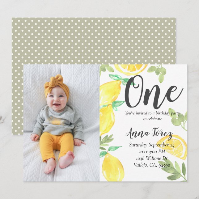 Cute lemon first birthday lemon photo invite (Front/Back)