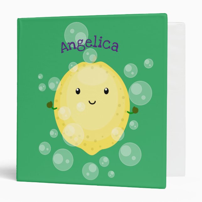 Cute lemon fruit cartoon bubbles illustration 3 ring binder (Front/Inside)