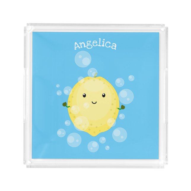 Cute lemon fruit cartoon bubbles illustration acrylic tray (Front)