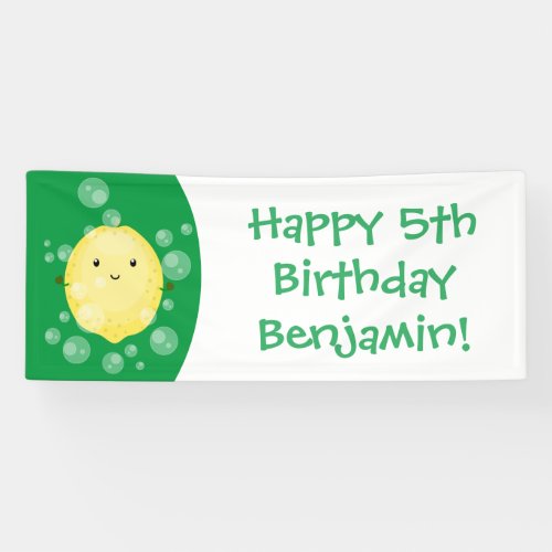 Cute lemon fruit cartoon bubbles illustration banner