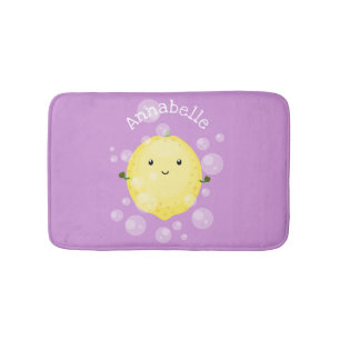 Cute lemon fruit cartoon bubbles illustration bath mat