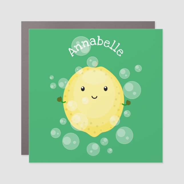 Cute lemon fruit cartoon bubbles illustration car magnet (Front)