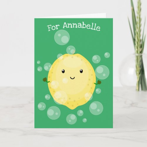 Cute lemon fruit cartoon bubbles illustration card