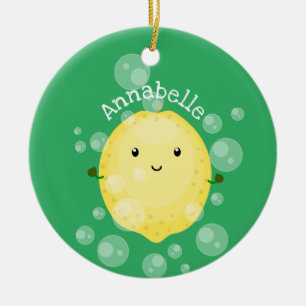 Cute lemon fruit cartoon bubbles illustration ceramic ornament