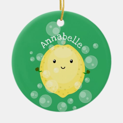 Cute lemon fruit cartoon bubbles illustration ceramic ornament