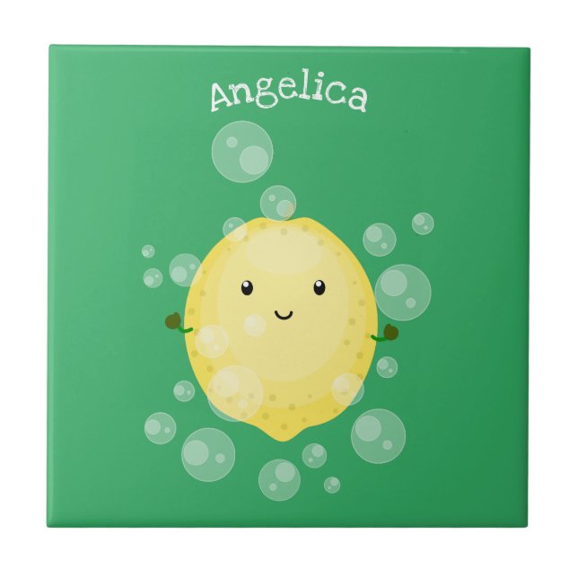 Cute lemon fruit cartoon bubbles illustration ceramic tile (Front)