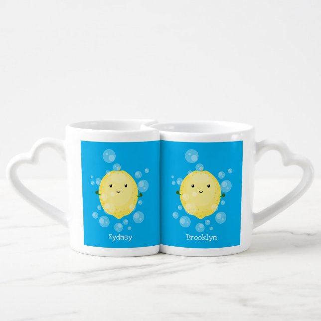 Cute lemon fruit cartoon bubbles illustration coffee mug set (Back Nesting)
