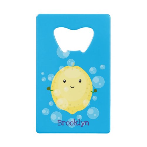 Cute lemon fruit cartoon bubbles illustration credit card bottle opener