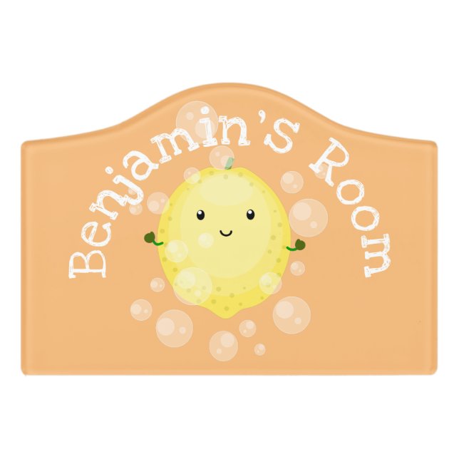 Cute lemon fruit cartoon bubbles illustration door sign (Small Crest Front)