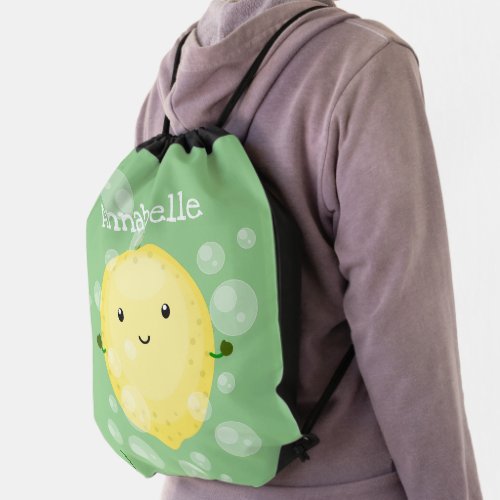 Cute lemon fruit cartoon bubbles illustration drawstring bag