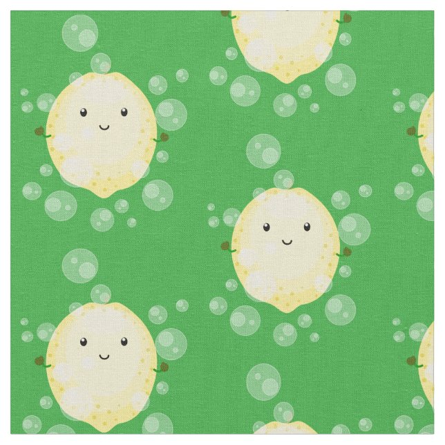 Cute lemon fruit cartoon bubbles illustration fabric (Close Up)