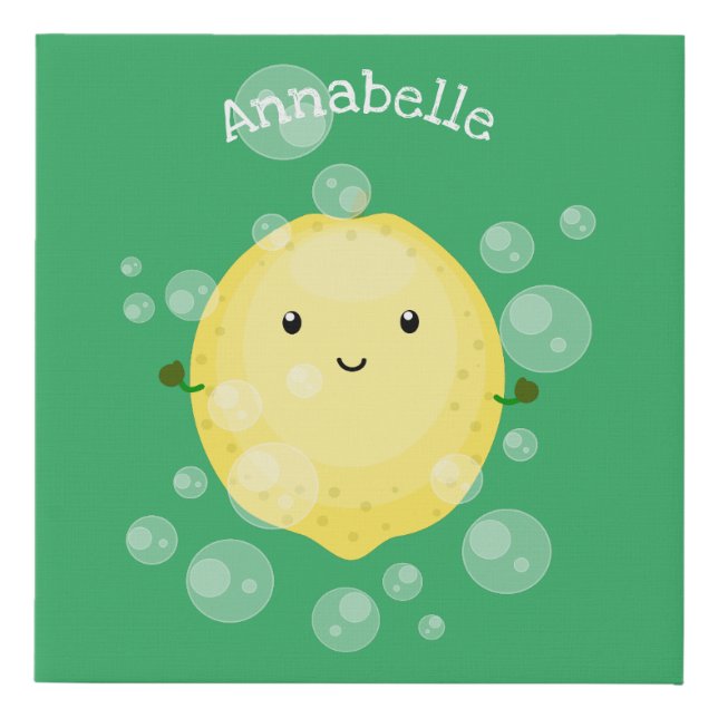 Cute lemon fruit cartoon bubbles illustration faux canvas print (Front)