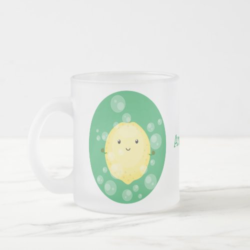 Cute lemon fruit cartoon bubbles illustration frosted glass coffee mug