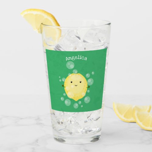 Cute lemon fruit cartoon bubbles illustration glass