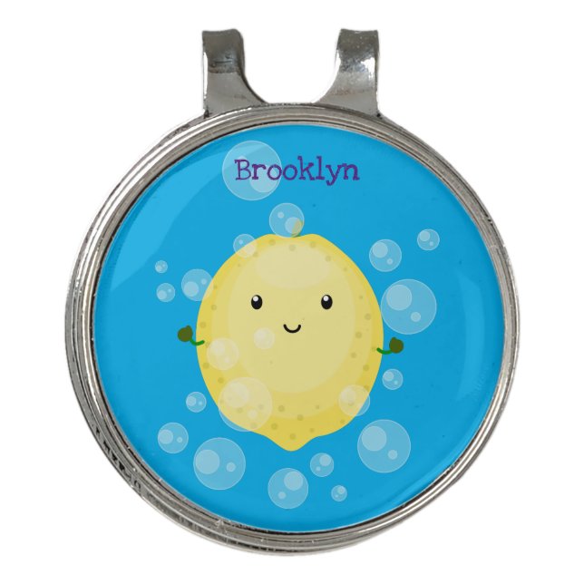 Cute lemon fruit cartoon bubbles illustration golf hat clip (Front)
