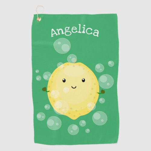 Cute lemon fruit cartoon bubbles illustration golf towel